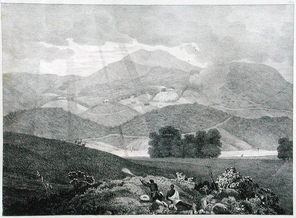 Utsikt över en del av sjön och stugorna vid Ottacamund, Neelgherry Mountains, skylt 3 från View of the Neilgherries, eller Blue Mountains of Coimbetoor, Southern India av kapten McCurdy, publicerad 1830 (li av Captain E. A. after McCurdy