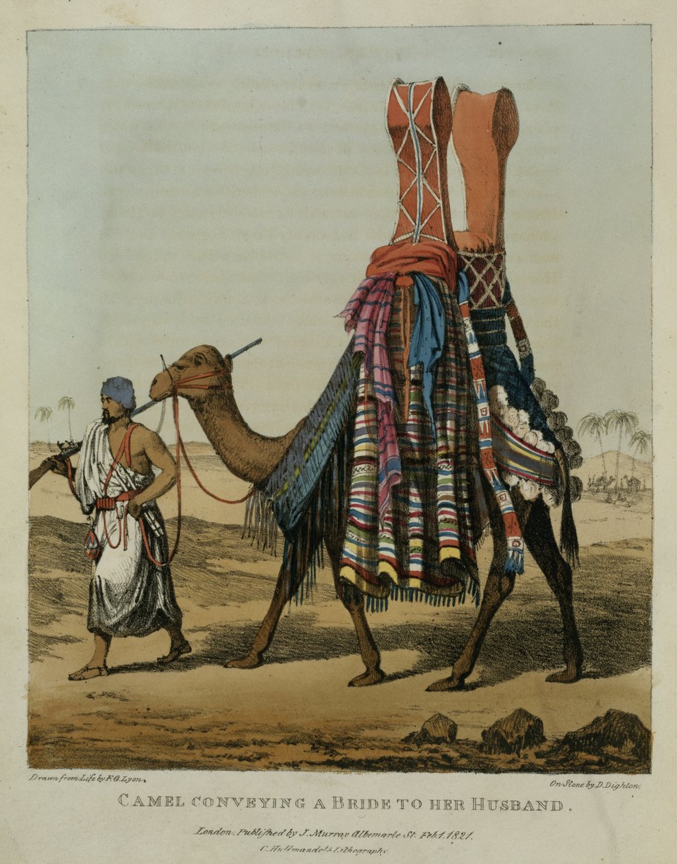 Kamel som transporterar en brud till sin make, graverad av Denis Dighton (1792-1827), plansch 16 från "A Narrative of Travels in Northern Africa", pub. 1821 av Captain George Francis Lyon