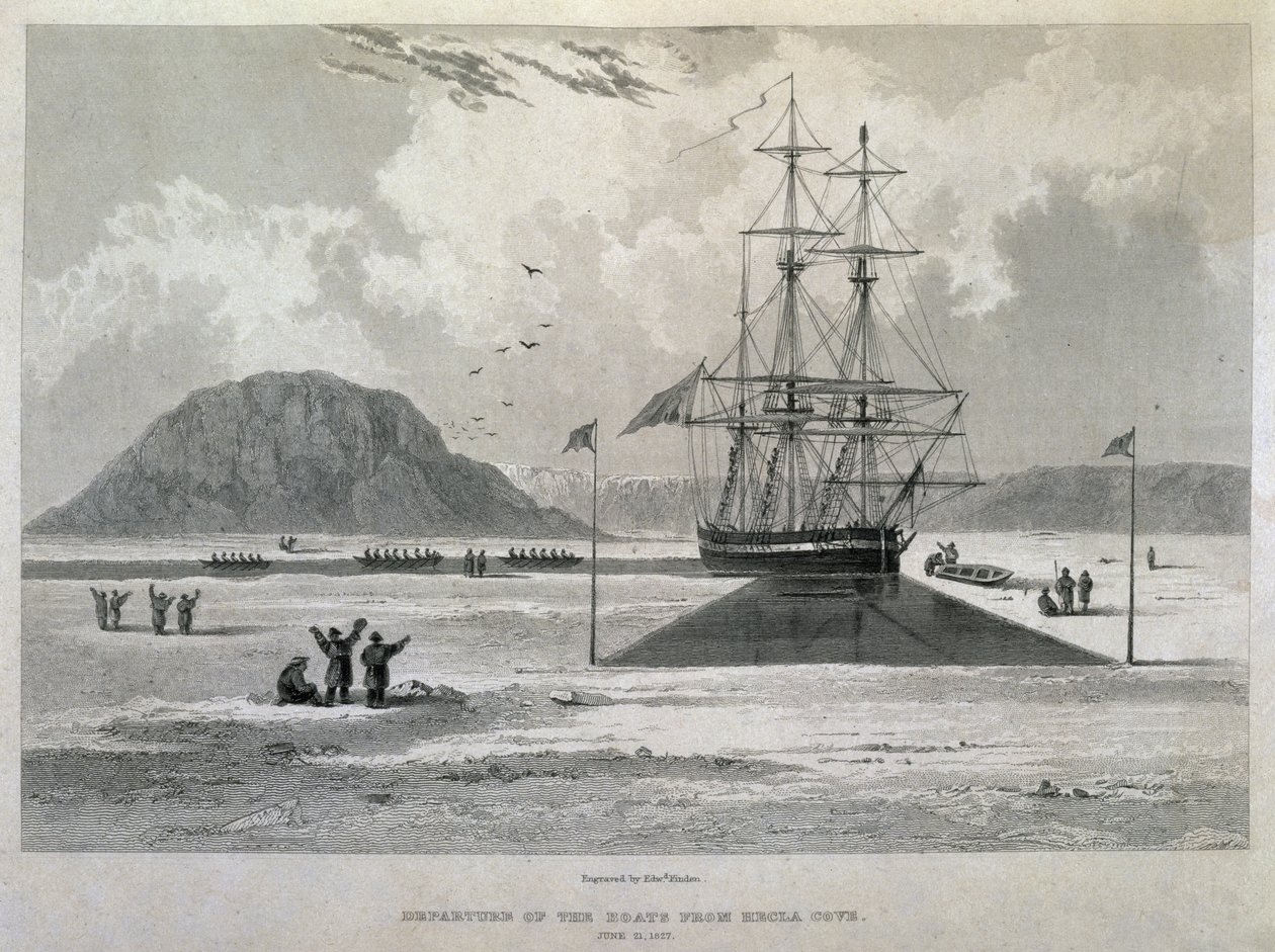 Båtarnas avgång från Hecla Cove, 21 juni 1827, från Journal of a Third Voyage for the Discovery of a North West Passage from the Atlantic to the Pacific, utförd under åren 1824-25 i H.M.s av Captain George Francis Lyon
