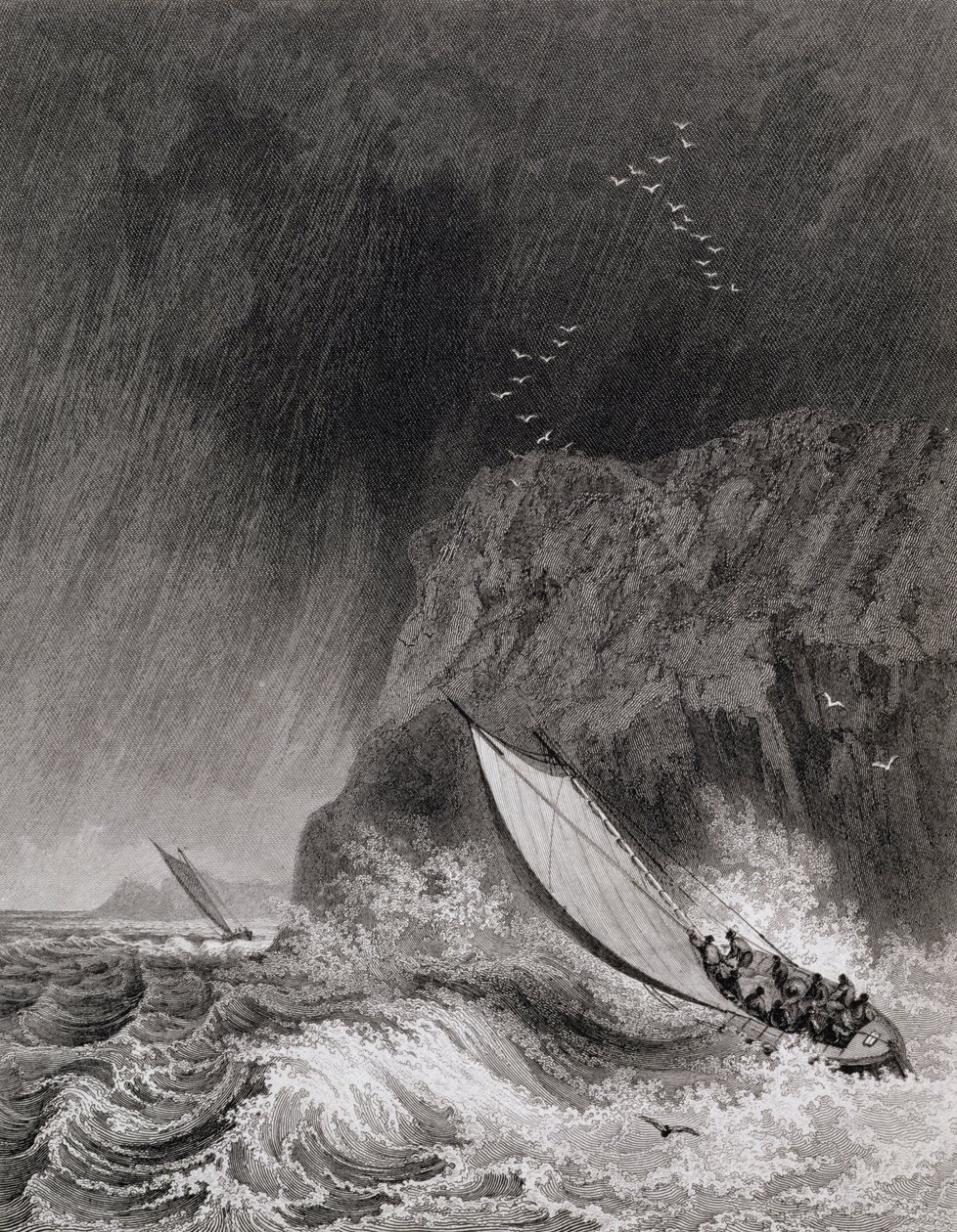 Båtarna utanför Walden Island i en snöstorm, 12 augusti 1827, från Journal of a Third Voyage for the Discovery of a North West Passage från Atlanten till Stilla havet utfördes under åren 1824-25 av Captain George Francis Lyon