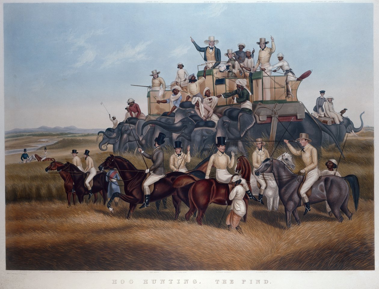Hog Hunting: The Find, graverad och pub. av Mrs Fores, c.1840 (färgad gravyr) av Captain John (after) Platt