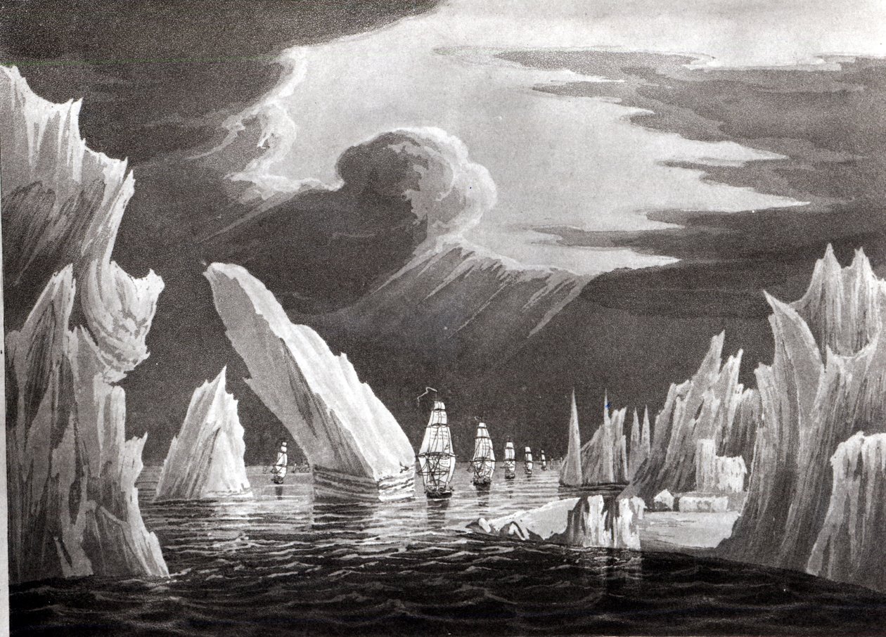 Passage through the Ice, 16 juni 1818 graverad av D. Havell (bw foto) av Captain N. Rofs