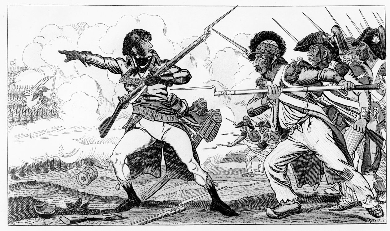 Frivilliga i sabot vid slaget vid Valmy den 20 september 1792, illustration från "Histoires de la Revolution Francoise" av Louis Blanc, graverad av S. Krakow. av Caran d Ache