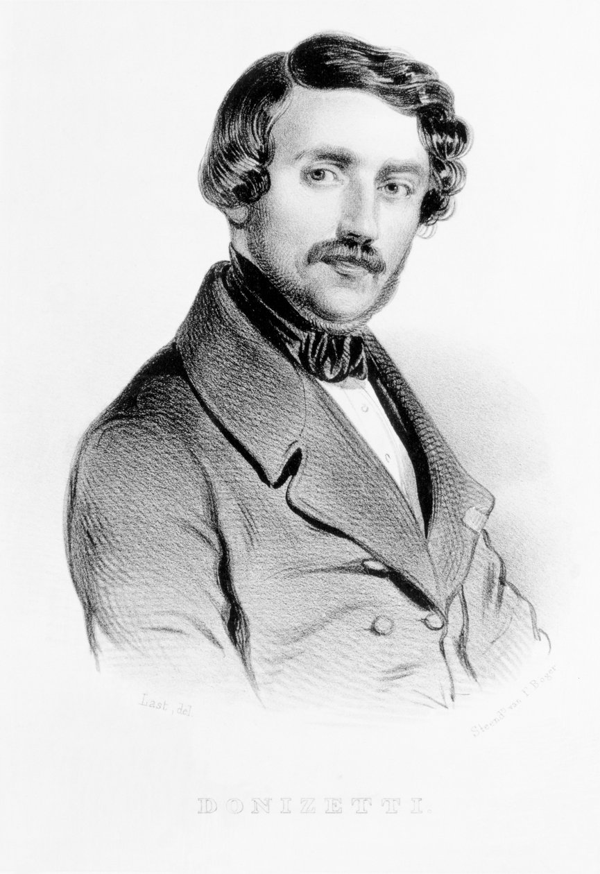 Porträtt av Gaetano Donizetti (1797-1848) italiensk kompositör, graverad av F. Boger av Carel Christian Anthony Last