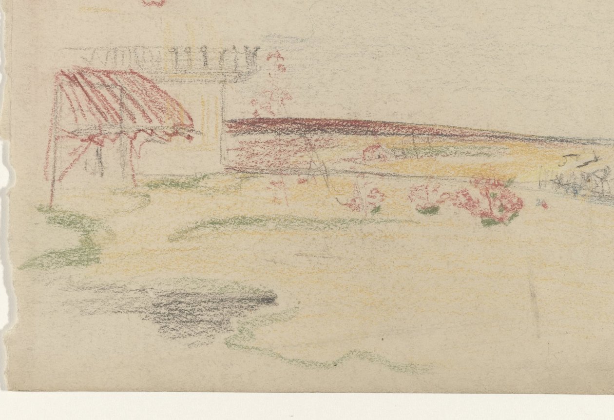 Trädgård bakom ett hus med markis av Carel Adolph Lion Cachet