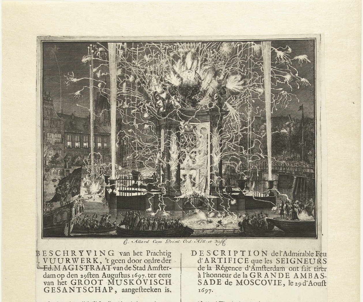 Fyrverkerier som firar ankomsten av Muscovys ambassad i Amsterdam 1697, 1697 av Carel Allard