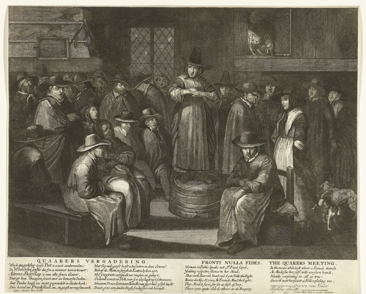 Tecknad film om de engelska kväkarna, ca 1656 Quaaker Meeting / Fronti Nulla Fides / The Quakers Meeting (titel på objekt) av Carel Allard