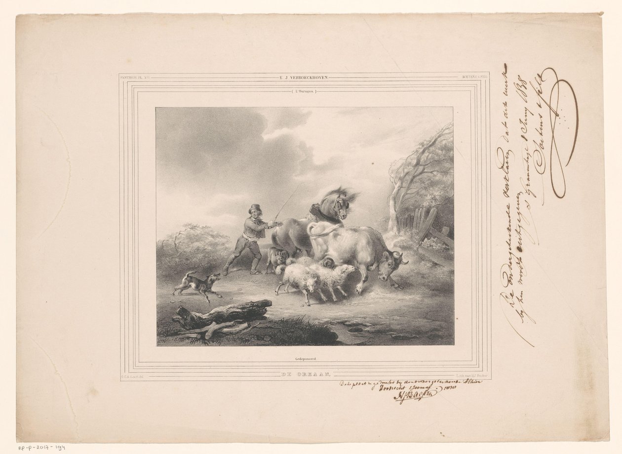 Bonde med sina djur på flykt från en orkan The Hurricane (titel på objekt) av Carel Christiaan Antony Last