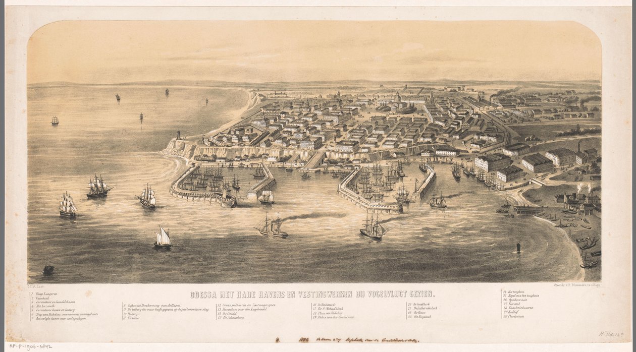 hamnen i Odessa Odessa med sina hamnar och befästningar sett från fågelperspektiv (titel på objekt) av Carel Christiaan Antony Last