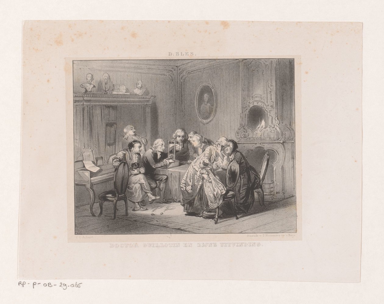 Joseph-Ignace Guillotin tittar på en miniatyr av en giljotin Doktor Guillotin och hans uppfinning (titel på objekt) av Carel Christiaan Antony Last