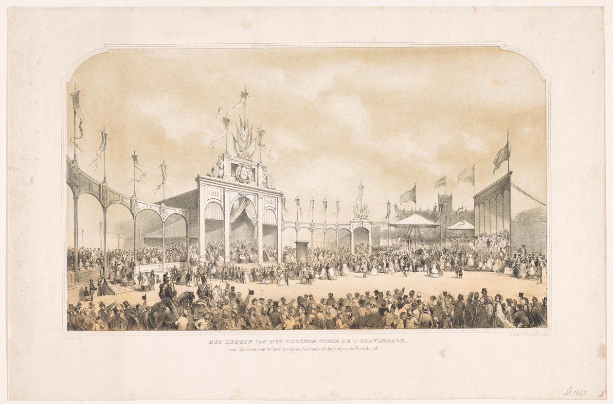 Kung Willem III lägger den första stenen framför monumentet till minne av befrielsen från fransmännen Nedläggningen av den första stenen i Haag för monumentet till minne av holländarna som skakade av sig det franska oket (titel på objektet) av Carel Christiaan Antony Last