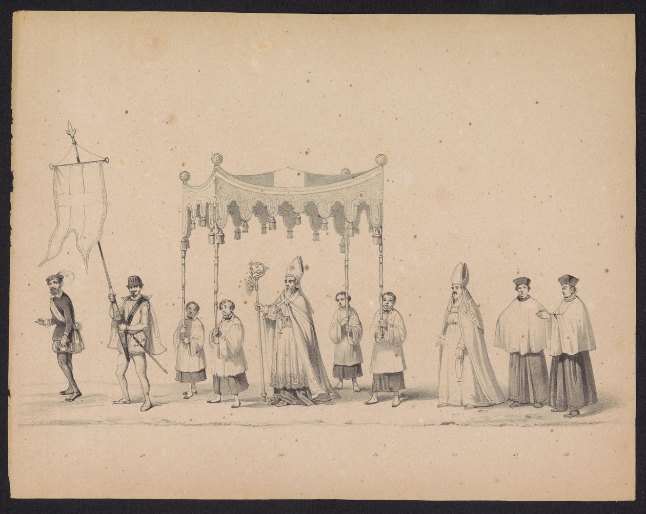 Masquerade of the Utrecht Students, 1846 (Plåt 10) Skildring av den kostymklädda processionen, föreställande Filip II, Prins av Spaniens procession i Utrecht, 3 oktober 1549, hållen 17 juni 1846 av H.H. Studenter av Utrechtsche av Carel Christiaan Antony Last