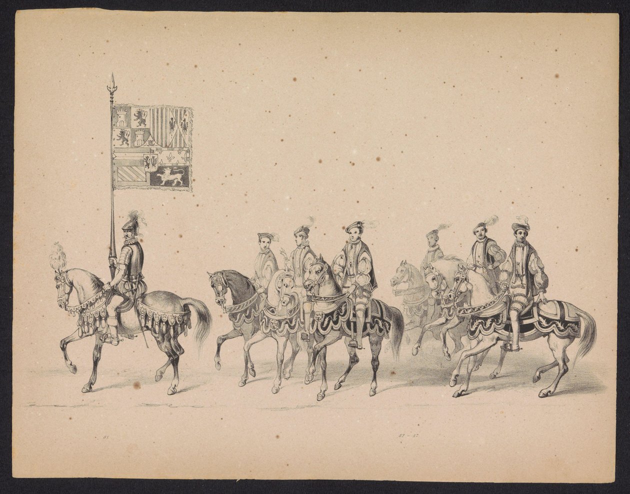 Masquerade of the Utrecht Students, 1846 (skylt 15) Skildring av den kostymklädda processionen, föreställande Filip II, Prins av Spaniens procession i Utrecht, 3 oktober 1549, hållen 17 juni 1846 av H.H. Studenter vid Utrechtsche av Carel Christiaan Antony Last