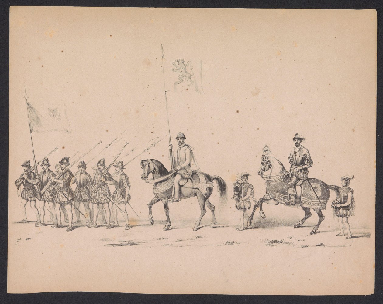 Masquerade of the Utrecht Students, 1846 (Plåt 2) Skildring av den kostymklädda processionen, föreställande Filip II, Prins av Spaniens procession i Utrecht, 3 oktober 1549, hållen 17 juni 1846 av H.H. Studenter av Utrechtsche av Carel Christiaan Antony Last