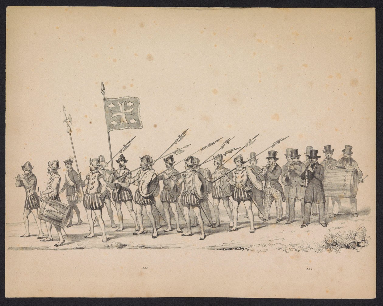 Utrechtstudenternas maskerad, 1846 (Plåt 22) Skildring av den kostymklädda processionen, föreställande Filip II, Prins av Spaniens procession i Utrecht, 3 oktober 1549, hållen 17 juni 1846 av H.H. Studenter vid Utrechtsche av Carel Christiaan Antony Last