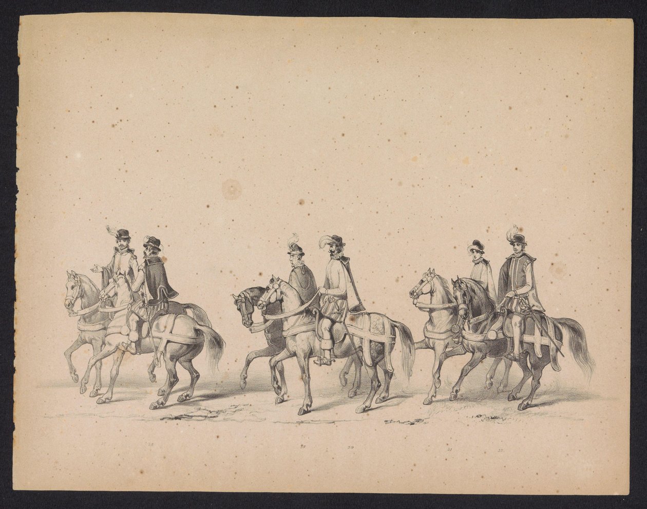 Masquerade of the Utrecht Students, 1846 (skylt 5) Skildring av den kostymklädda processionen, föreställande Filip II, Prins av Spaniens procession i Utrecht, 3 oktober 1549, hållen 17 juni 1846 av H.H. Studenter av Utrechtsche av Carel Christiaan Antony Last