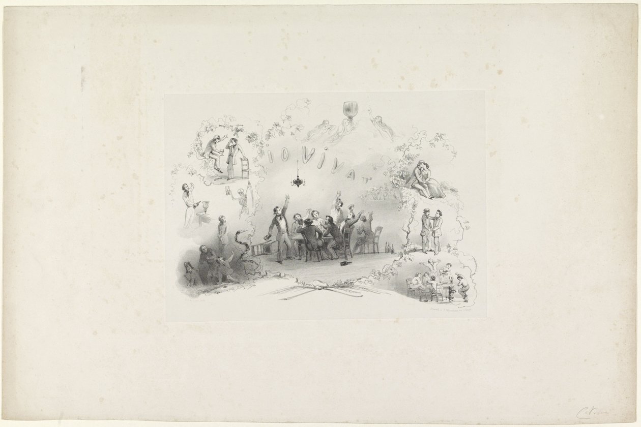 Tecknad film från Leiden studentalmanacka, 1849 Io Vivat (titel på objekt) av Carel Christiaan Antony Last