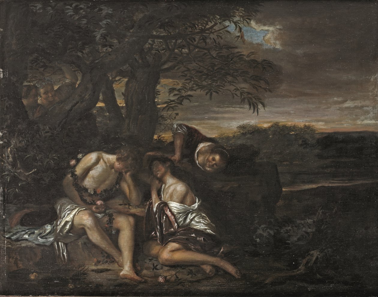 Ett sovande par, upptäckt av tre kvinnor i ett arkadiskt landskap (olja på panel) av Carel De Moor II (attr. to)