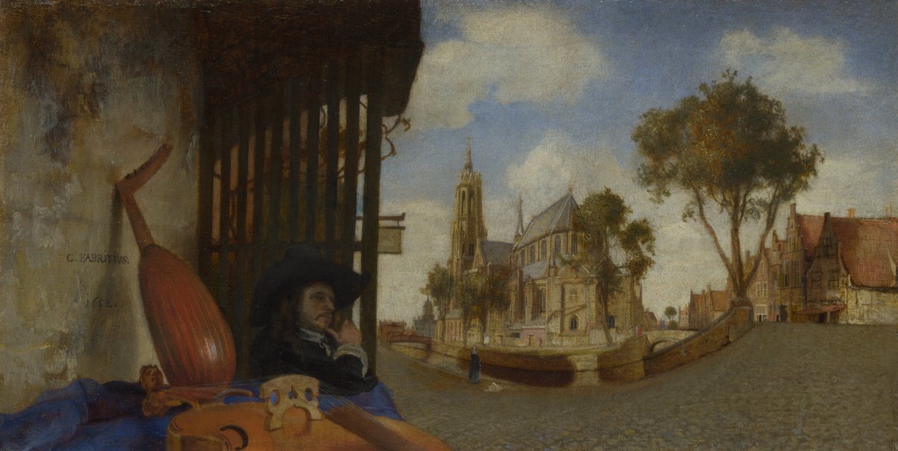 En utsikt över Delft, med ett stall för säljare av musikinstrument, 1652 av Carel Fabritius