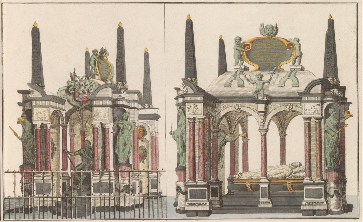 Praalgraf van Willem van Oranje i Delft, ca. 1790 The Superb Mausoleum of the Royal Family in the Great Church in Delft / Detsamma taget från norra sidan (titel på objekt) av Carel Frederik Bendorp (I) (possibly)