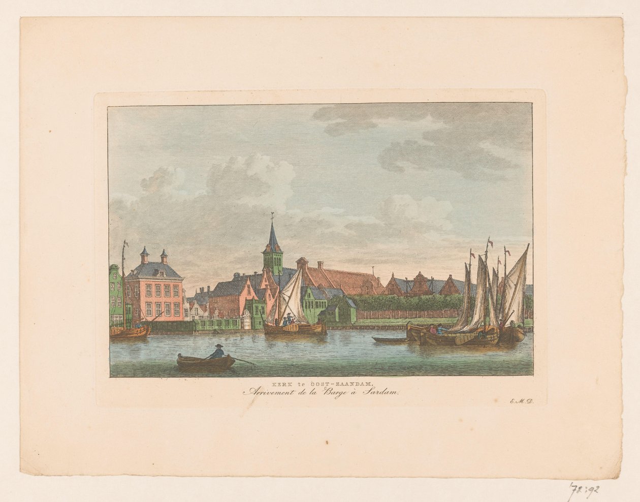 Utsikt över kyrkan i östra Zaandam Kyrka i östra Zaandam / Arrivement de la Barge à Sardam (titel på objekt) av Carel Frederik Bendorp (I)