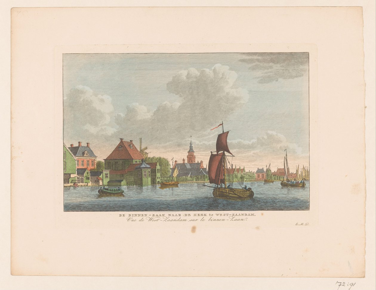 Vy över byn Westzaandam sett över vattnet Binnen-Zaan till kyrkan i West-Zaandam / Vue de West-Zaandam sur le Binnen-Zaan (titel på objekt) av Carel Frederik Bendorp (I)