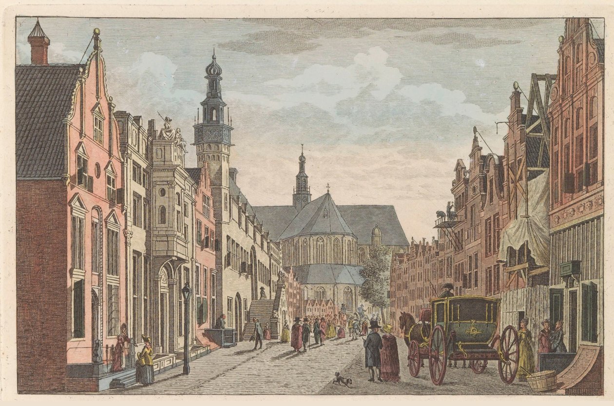 Langestraat i Alkmaar, ca 1790 Langestraat, Rådhuset och Grote Kerk i Alkmaar / Rue longue - Hotel de Ville - et grande Eglise à Alkmaar (titel på objektet) av Carel Frederik Bendorp (I)