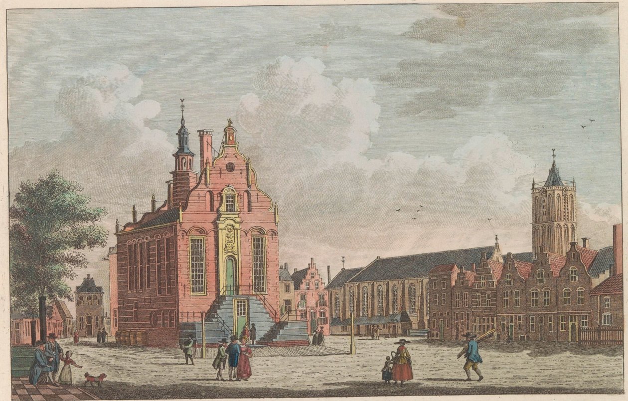 Marknad och rådhus i Schiedam, ca 1790 Marknaden och stadshuset i Schiedam / Marché et hotel de ville à Schiedam (titel på objektet) av Carel Frederik Bendorp (I)