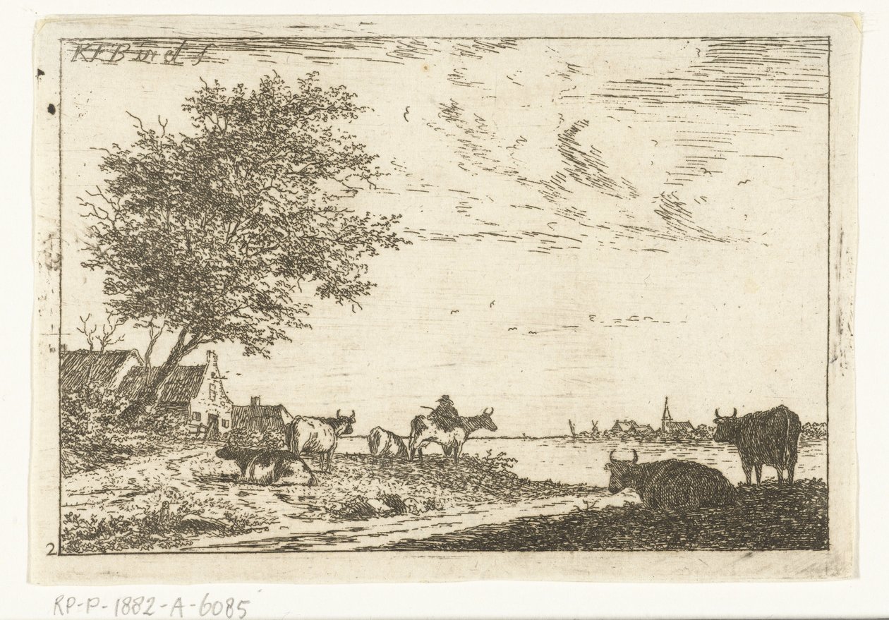 Flodlandskap med bonde och kor på gården Landskap (serietitel) av Carel Frederik Bendorp (I)