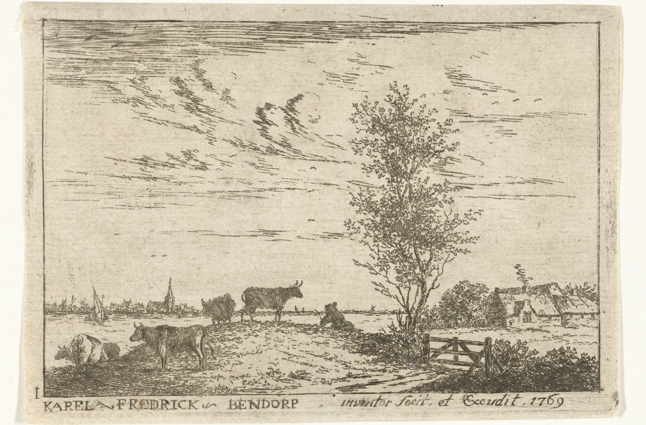 Titeltryck med flodlandskap med kor Landskap (serietitel) av Carel Frederik Bendorp (I)