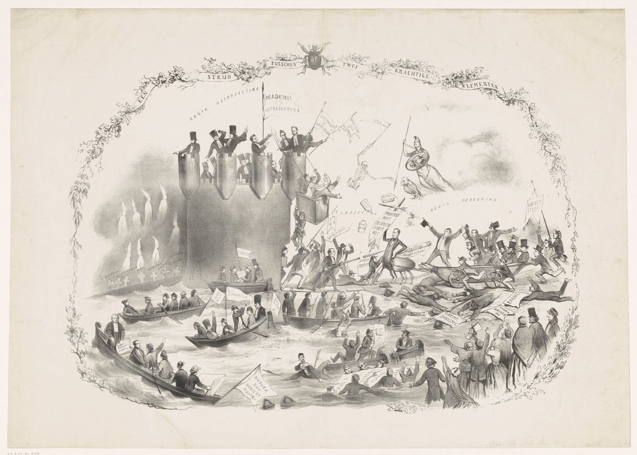 Tecknad serie som skildrar Thorbeckes planer på att avskaffa Utrecht University of Applied Sciences, 1863 En kamp mellan två kraftfulla element (titel på objekt) av Carel Hendrik Thiebout