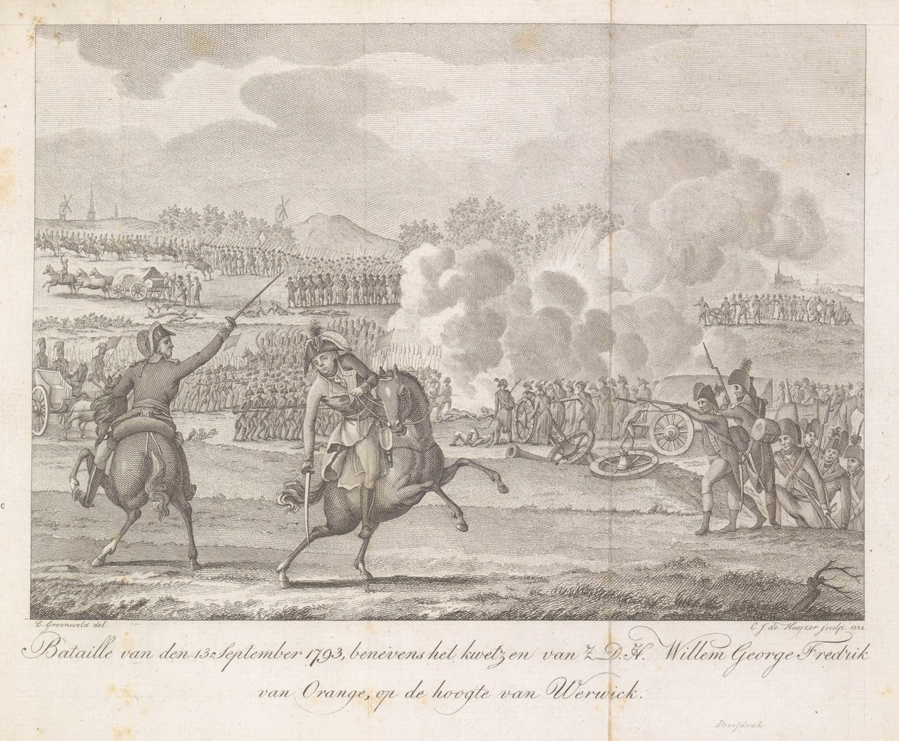 Prins Frederik såras i Wervik 1793 Bataille den 13 september 1793, förutom att H.D.H. Willem George Fredrik av Orange, ajour av Werwick (titel på objekt) av Carel Jacob de Huyser
