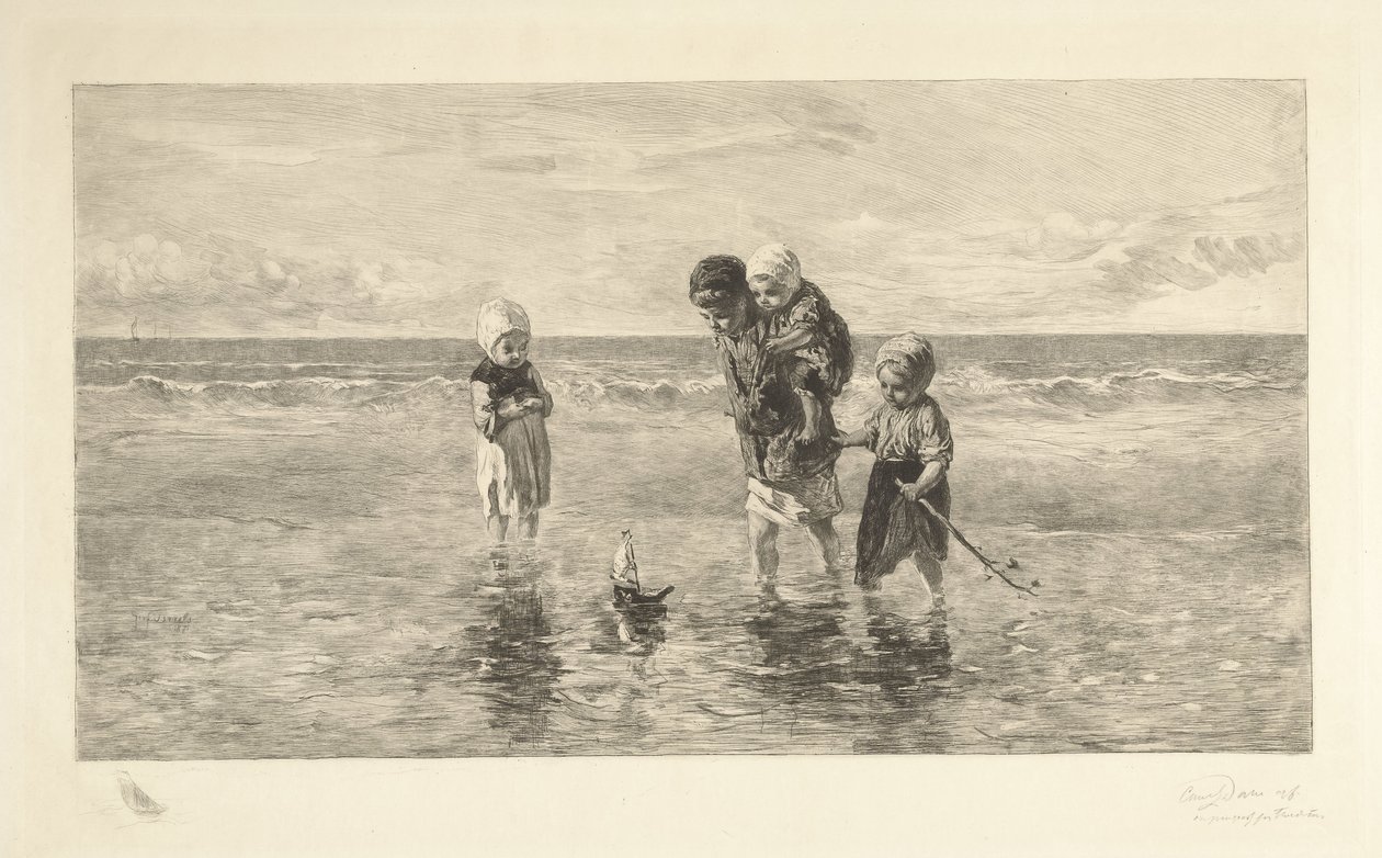 Fyra barn leker med en leksaksbåt på stranden i grunt havsvatten Havets barn av Carel Lodewijk Dake