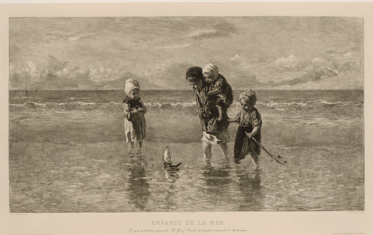 Fyra barn leker med en leksaksbåt på stranden i grunt havsvatten Havets barn Enfants de la mer (titel på objekt) av Carel Lodewijk Dake