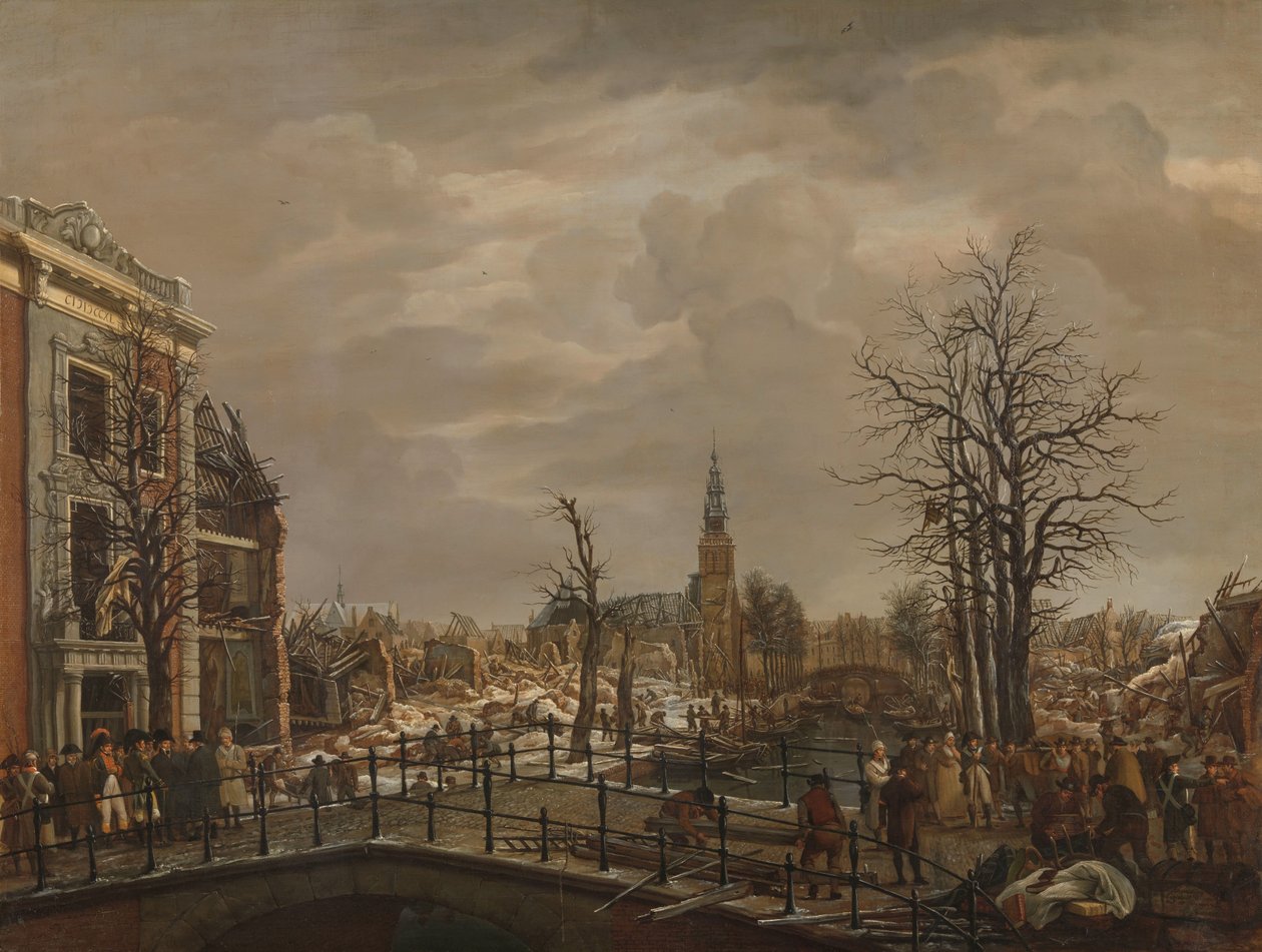 Rapenburg i Leiden Rapenburg, Leiden, tre dagar efter explosionen av ett pulverfartyg den 12 januari 1807 av Carel Lodewijk Hansen (signed by artist)