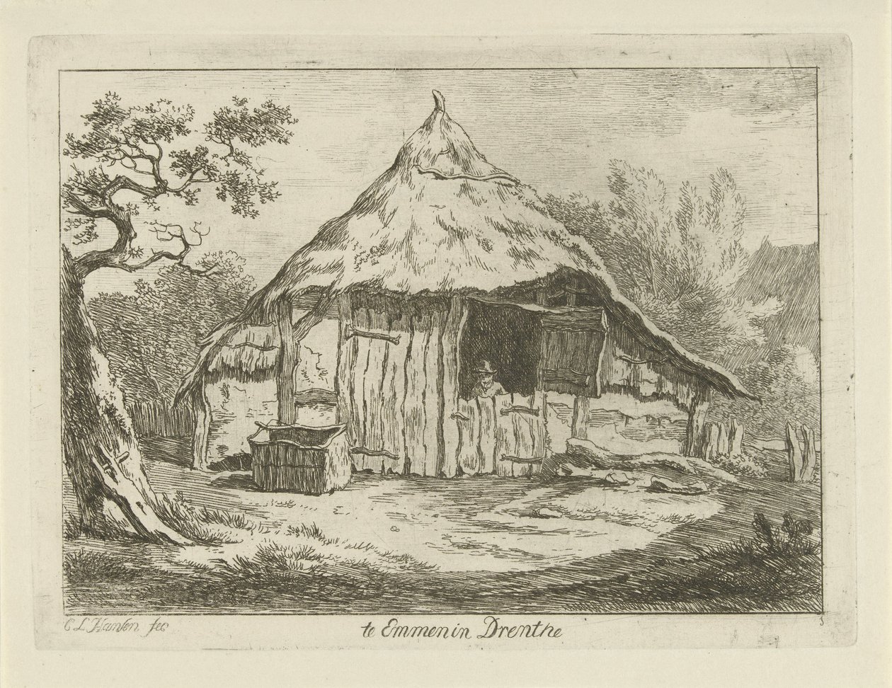 Bondgård med öppen övre dörr Te Emmen i Drenthe (titel på objekt) Landskap (1-6) (serietitel) av Carel Lodewijk Hansen