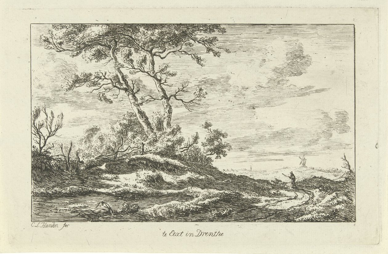 Herde på en landsväg Te Eext i Drenthe (titel på objekt) Landskap (a-f) (serietitel) av Carel Lodewijk Hansen