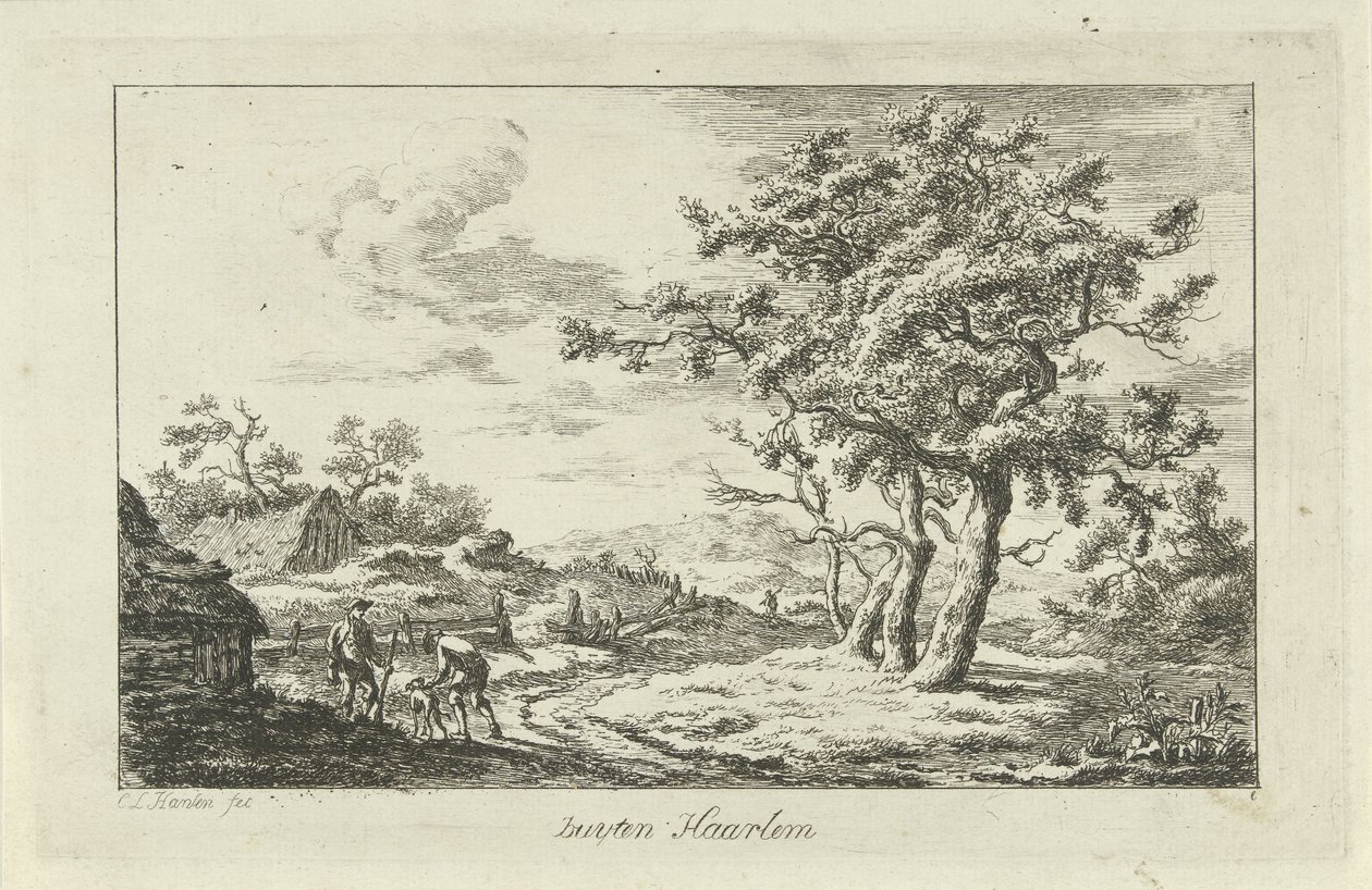 Jägare med en hund på ett spår Buyten Haarlem (titel på objekt) Landskap (a-f) (serietitel) av Carel Lodewijk Hansen