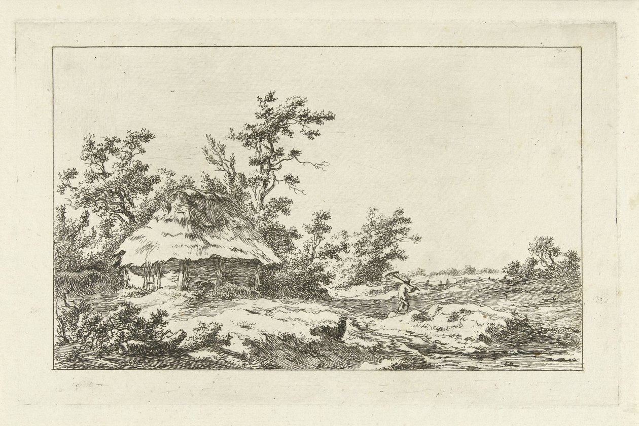 Man med en kratta vid en lada Landscapes (A-F) (serietitel) av Carel Lodewijk Hansen