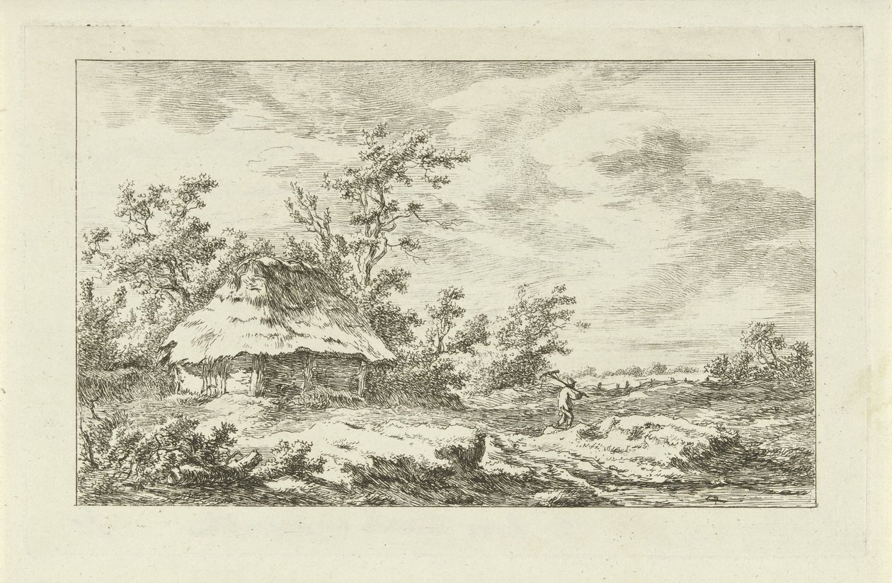 Man med kratta vid en lada Landscapes (A-F) (serietitel) av Carel Lodewijk Hansen