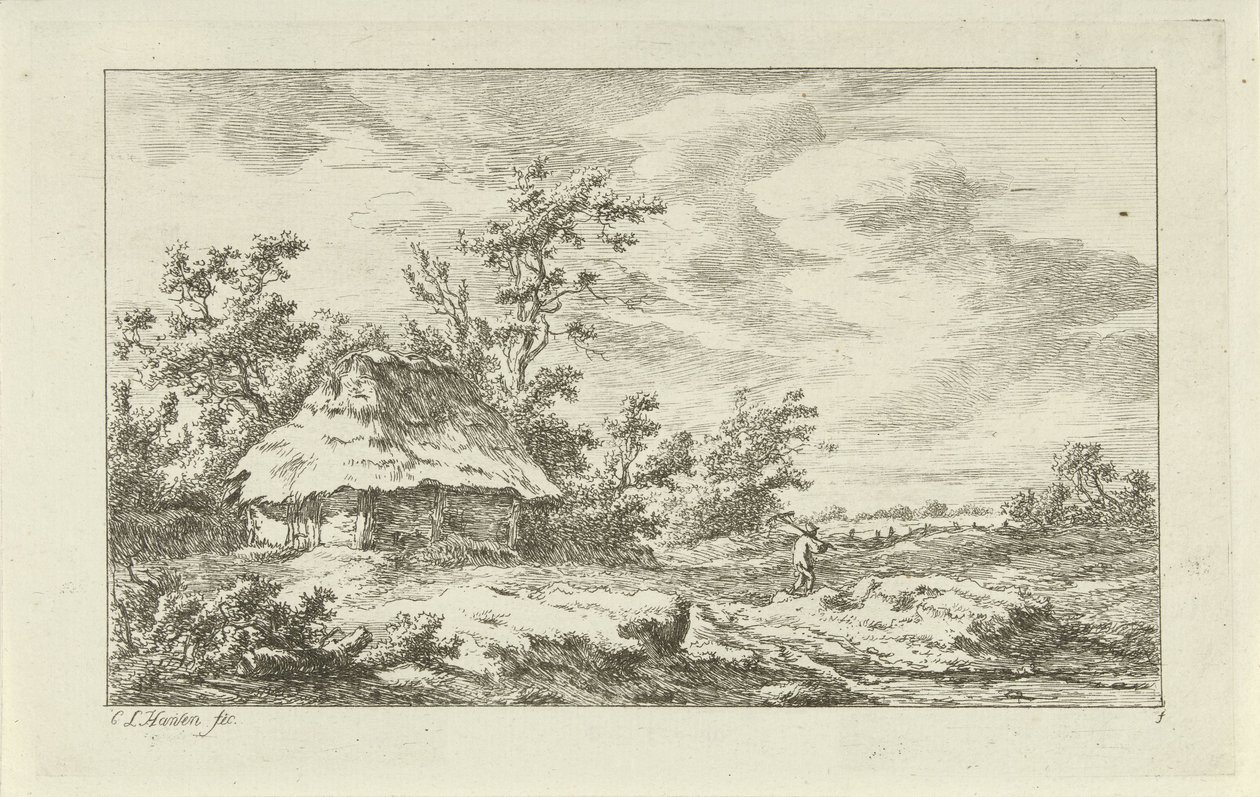 Man med en kratta vid en lada Landscapes (A-F) (serietitel) av Carel Lodewijk Hansen
