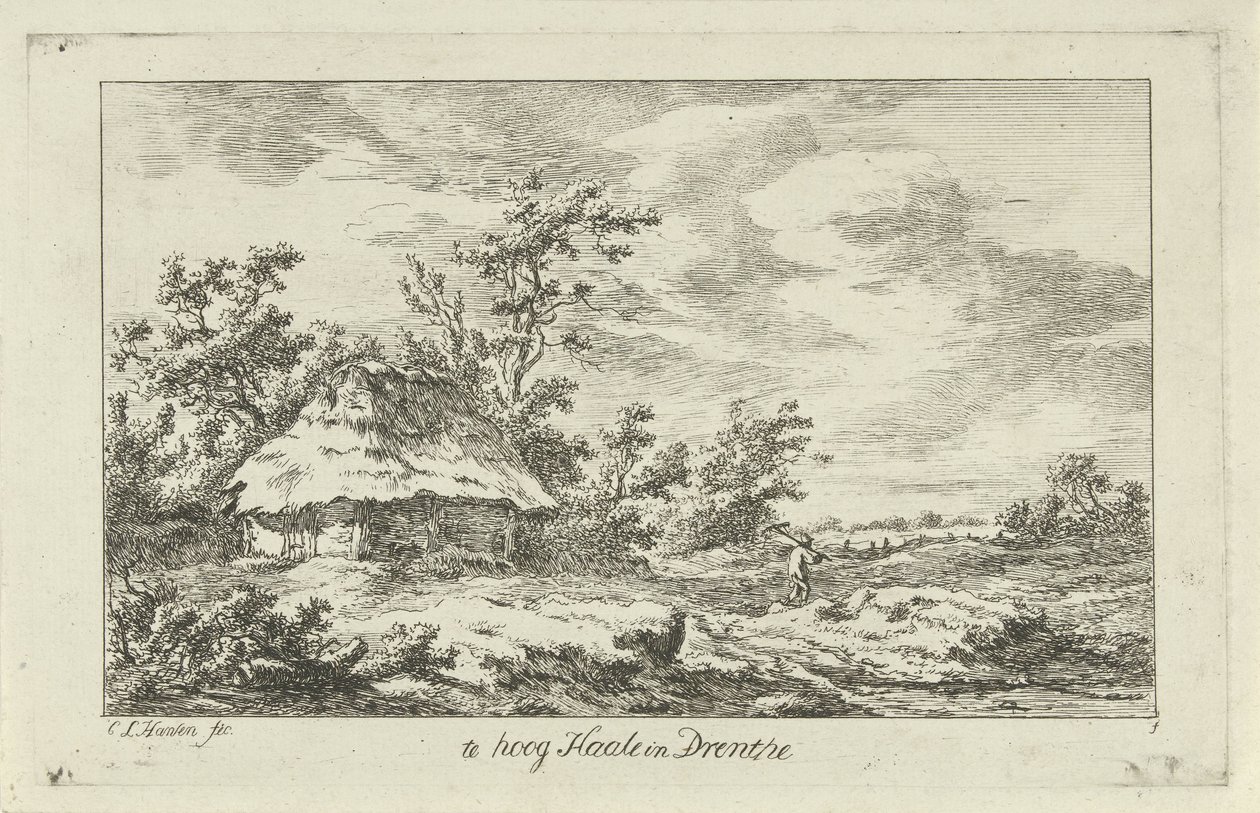 Man med kratta vid en lada För högt Haale i Drenthe (titel på objekt) Landscapes (A-F) (serietitel) av Carel Lodewijk Hansen