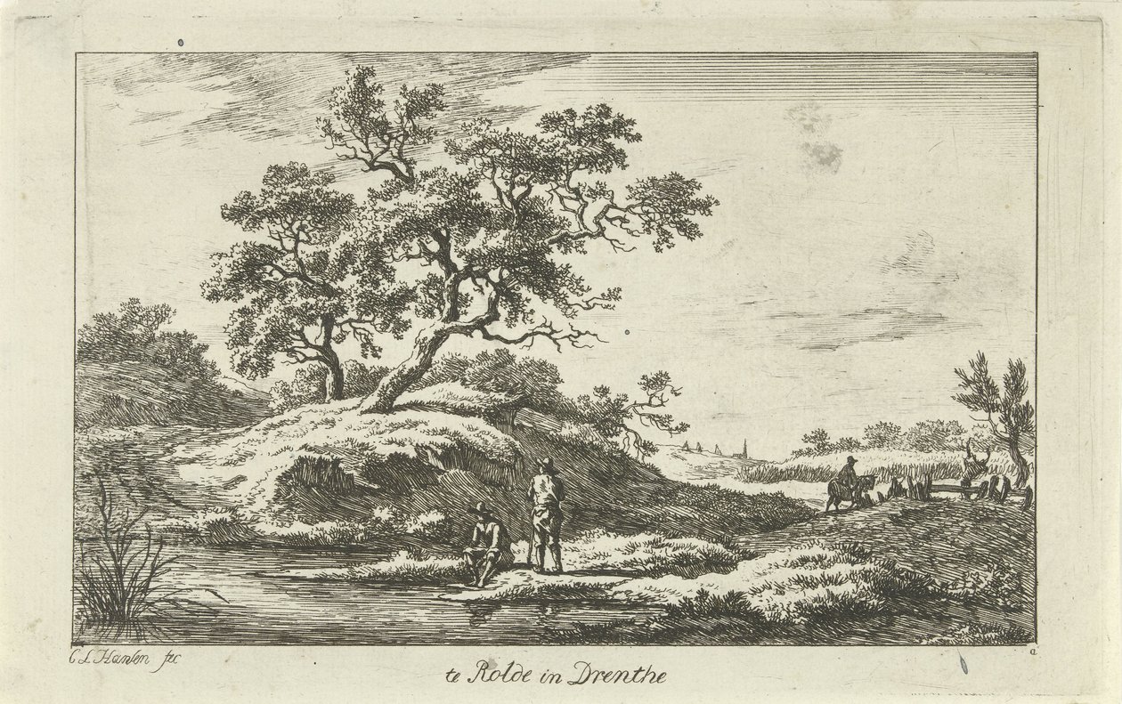Resenärer vid vattnet Te Rolde i Drenthe (titel på objekt) Landskap (a-f) (serietitel) av Carel Lodewijk Hansen