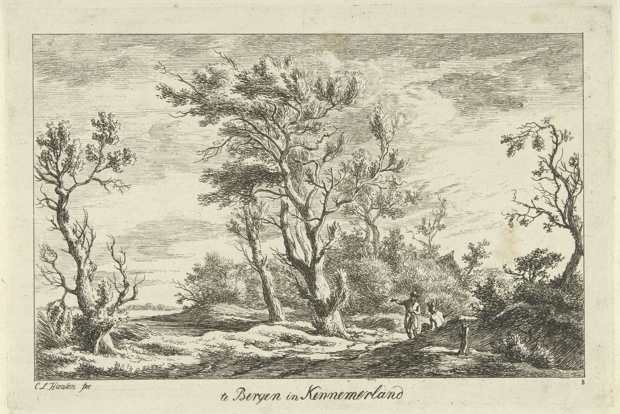 Resenärer i ett landskap I Bergen i Kennemerland (titel på objekt) Landscapes (A-F) (serietitel) av Carel Lodewijk Hansen