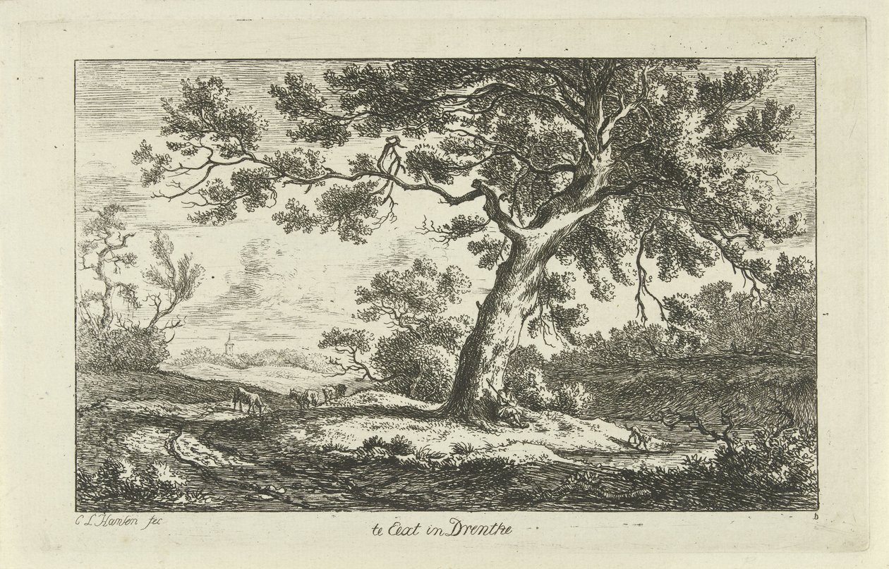 vilande herde Te Eext i Drenthe (titel på objekt) Landskap (a-f) (serietitel) av Carel Lodewijk Hansen