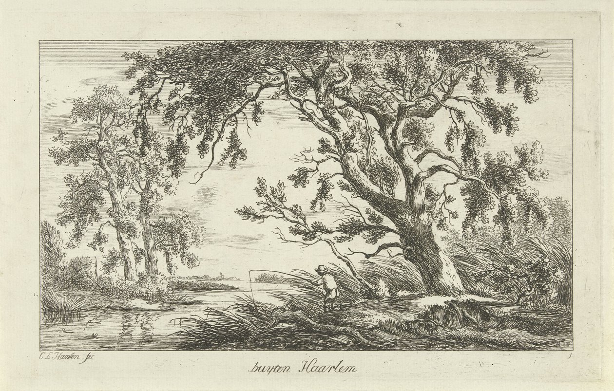 Fiskare i ett flodlandskap Buyten Haarlem (titel på objekt) Landskap (a-f) (serietitel) av Carel Lodewijk Hansen