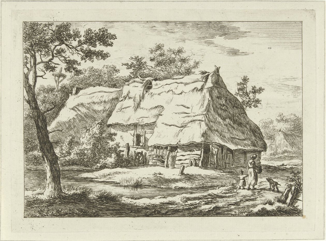 Kvinna med barn på en gård Landskap (1-6) (serietitel) av Carel Lodewijk Hansen
