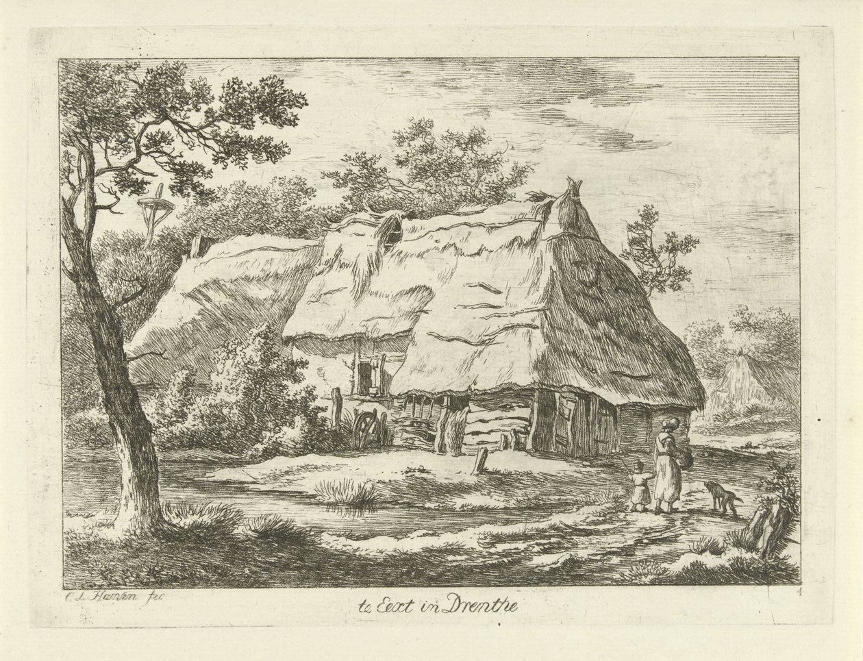 Kvinna med barn på en gård Te Eext i Drenthe (titel på objekt) Landskap (1-6) (serietitel) av Carel Lodewijk Hansen