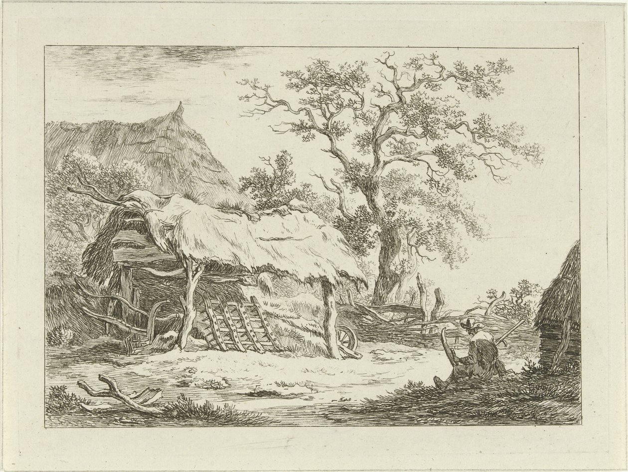 Sittande figur vid en lada Landskap (1-6) (serietitel) av Carel Lodewijk Hansen
