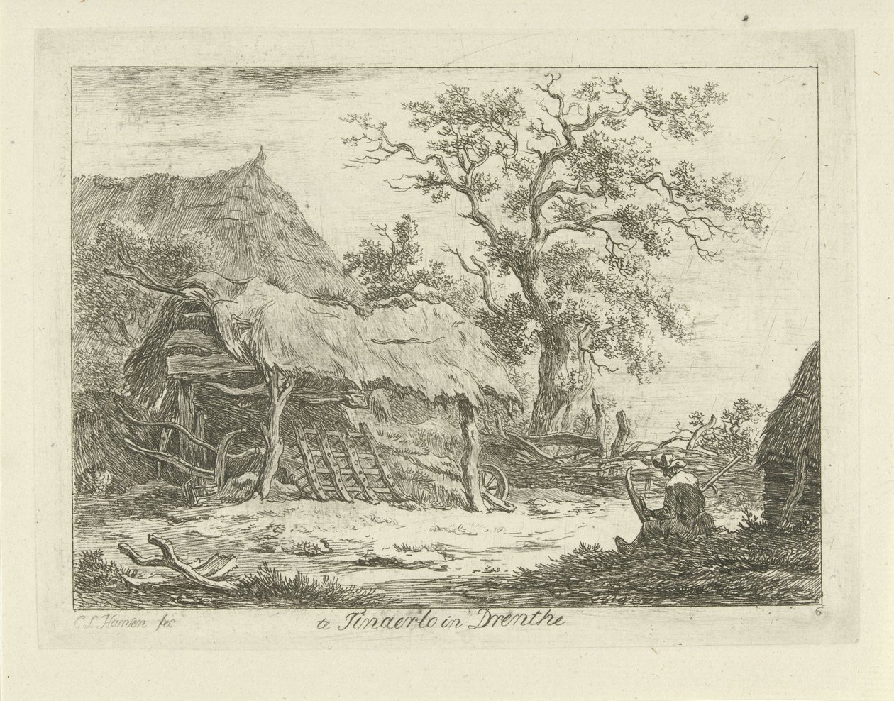 Sittande figur vid en lada Te Tinaerlo i Drenthe (titel på objekt) Landskap (1-6) (serietitel) av Carel Lodewijk Hansen